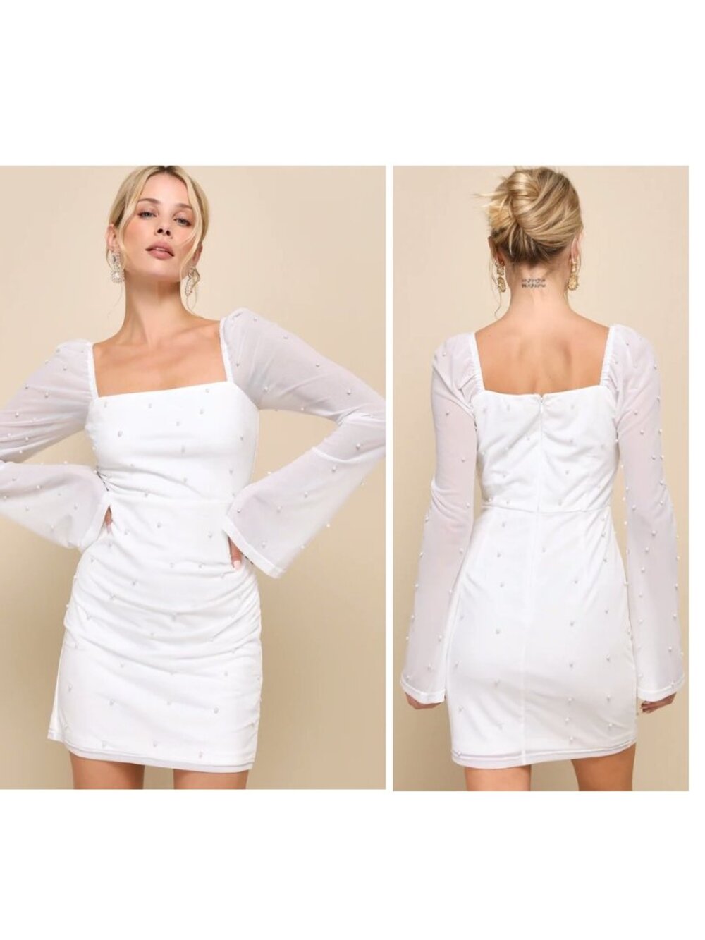 Lulus Flirty Luxury Ivory Mesh Pearl Long Sleeve Mini Dress Size Small NWOT